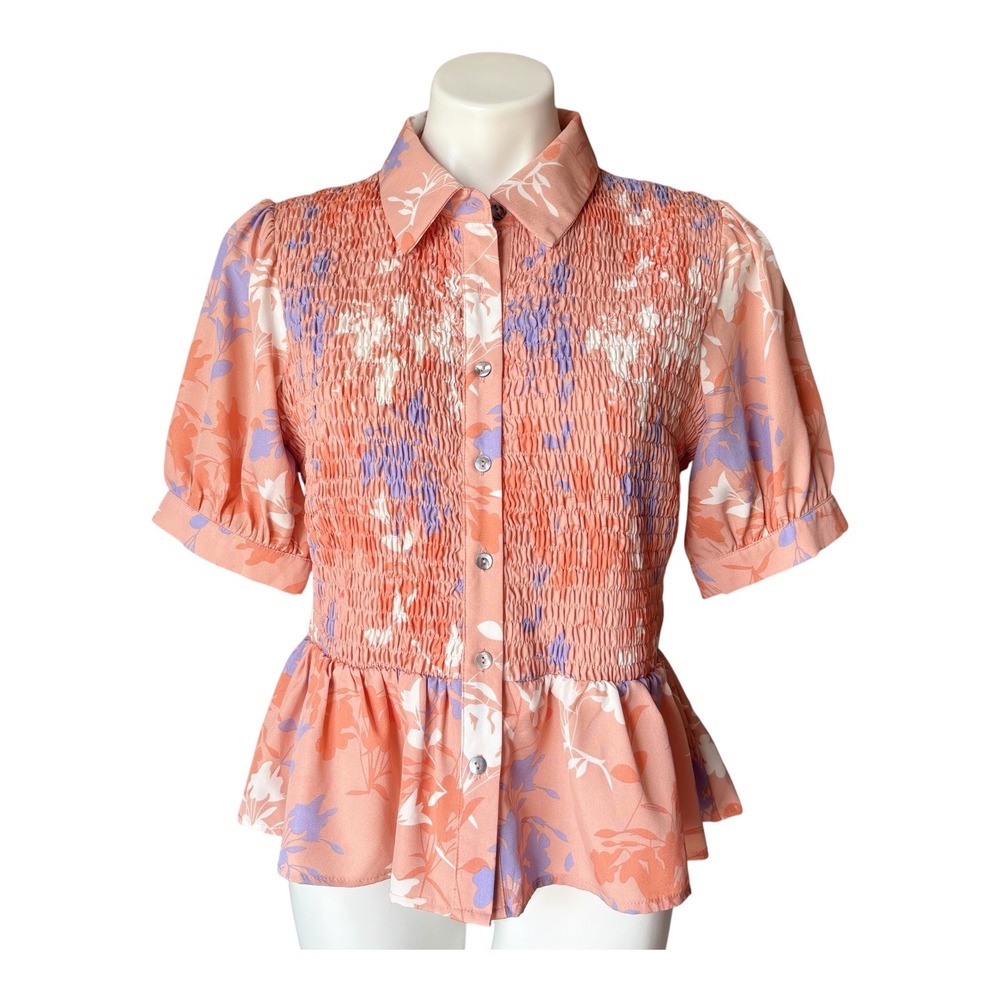 Entro Women's M Size Pink White Floral Button Up Puff Sleeve Peplum Blouse Shirt